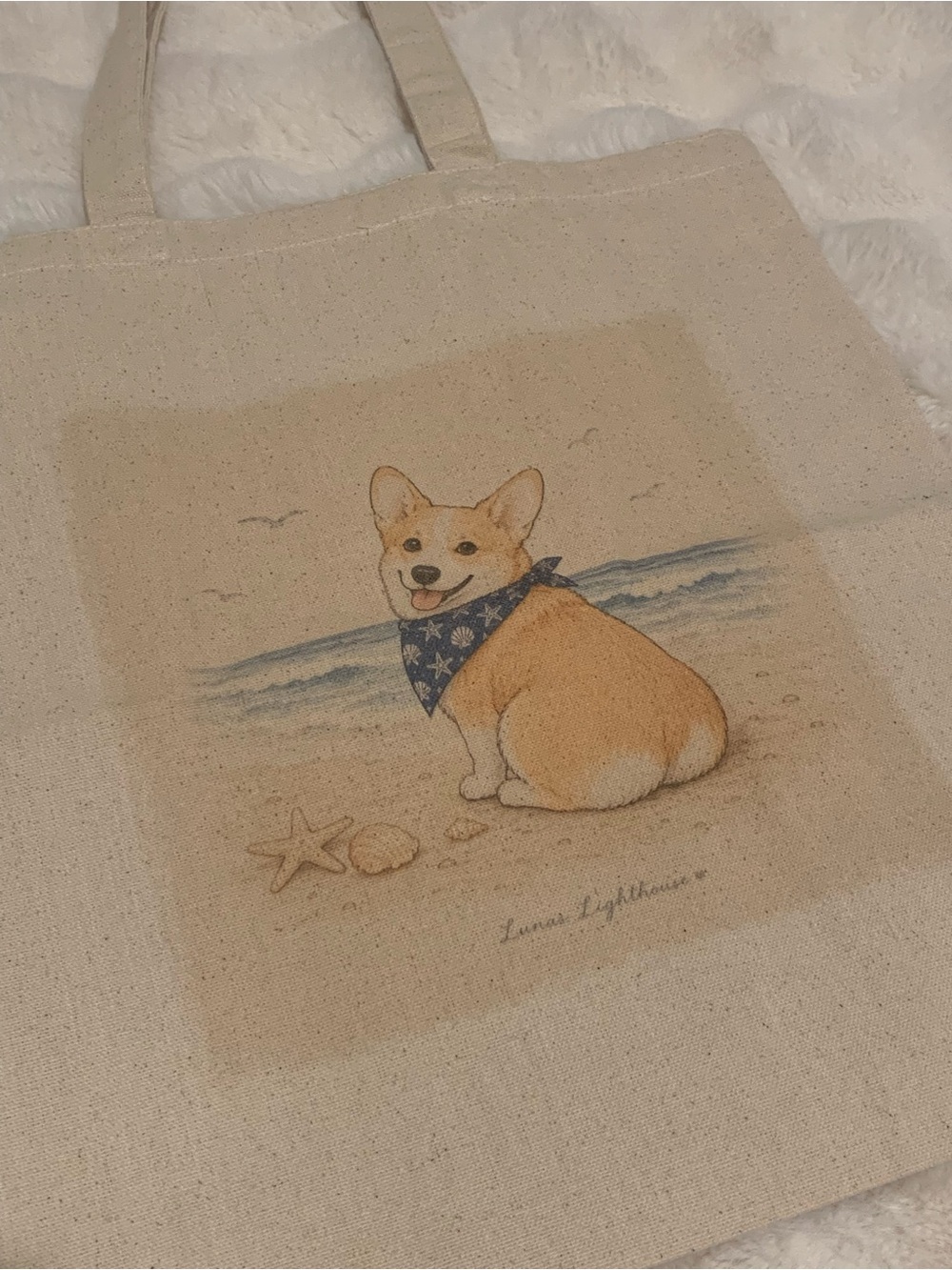 Canvas Tote Bag with Corgi Beach Print - Lunas Lighthouse